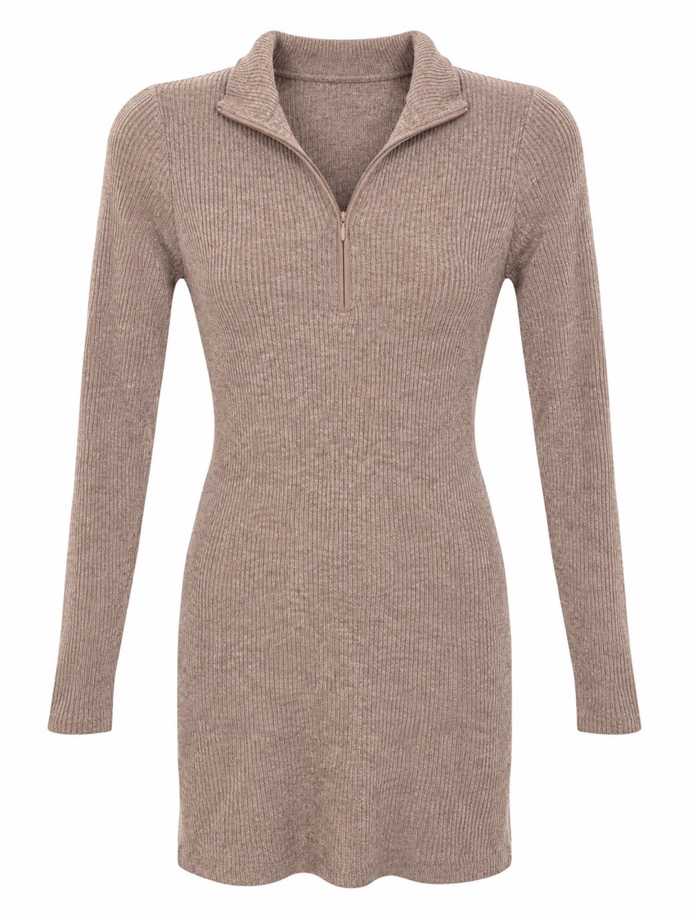 Forever 21 Taupe Ribbed Zip-Front Long Sleeve Dress